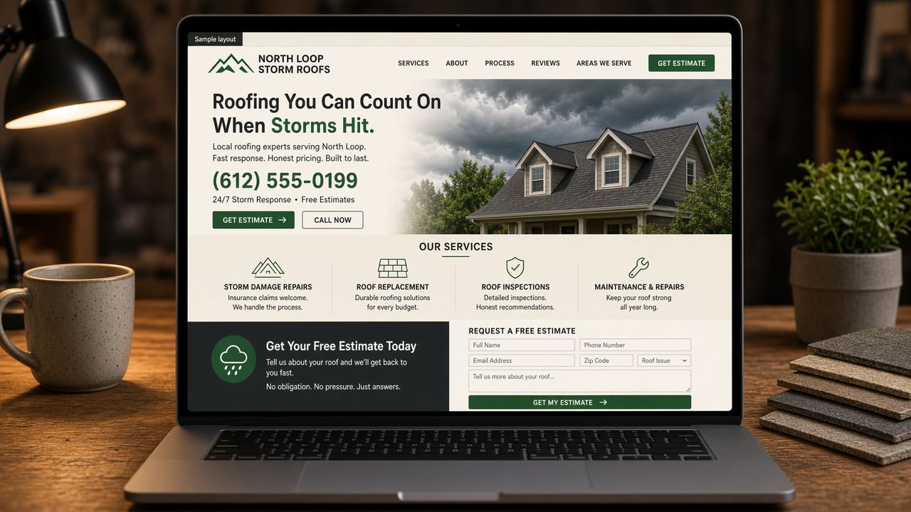 Sample one-page lead site on a laptop